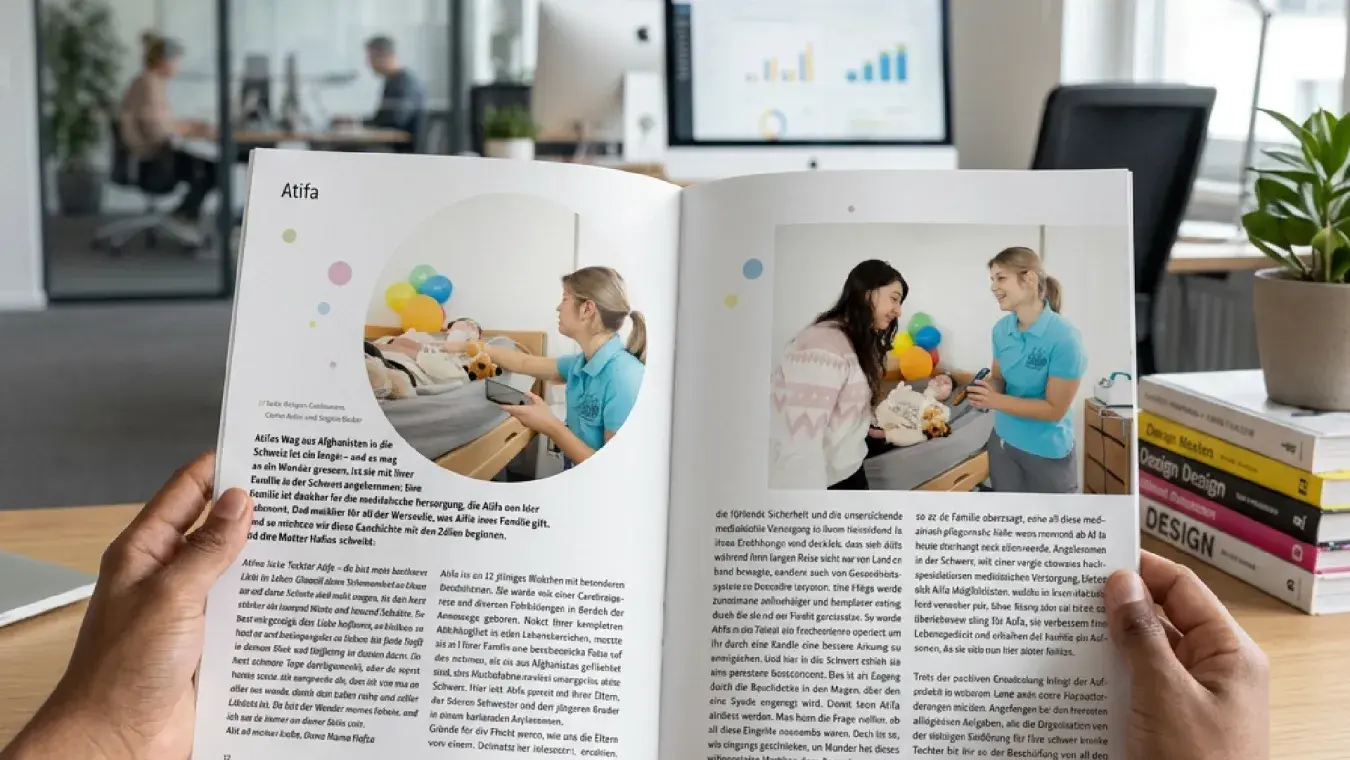 Jahresbericht 2025 Kinderspitex Nordwestschweiz, Doppelseite mit Familiengeschichte Atifa