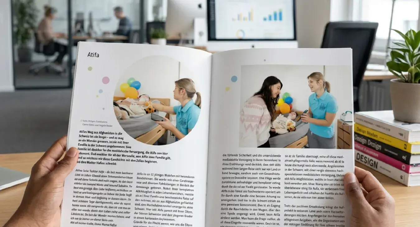 Jahresbericht 2025 Kinderspitex Nordwestschweiz, Doppelseite mit Familiengeschichte Atifa