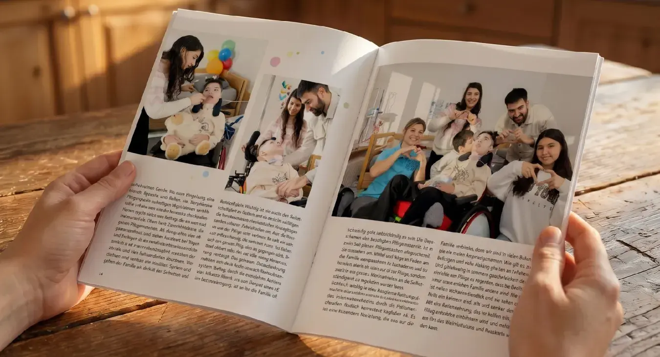 Jahresbericht Kinderspitex Nordwestschweiz 2025, aufgeschlagen mit Familienporträts in der Küche