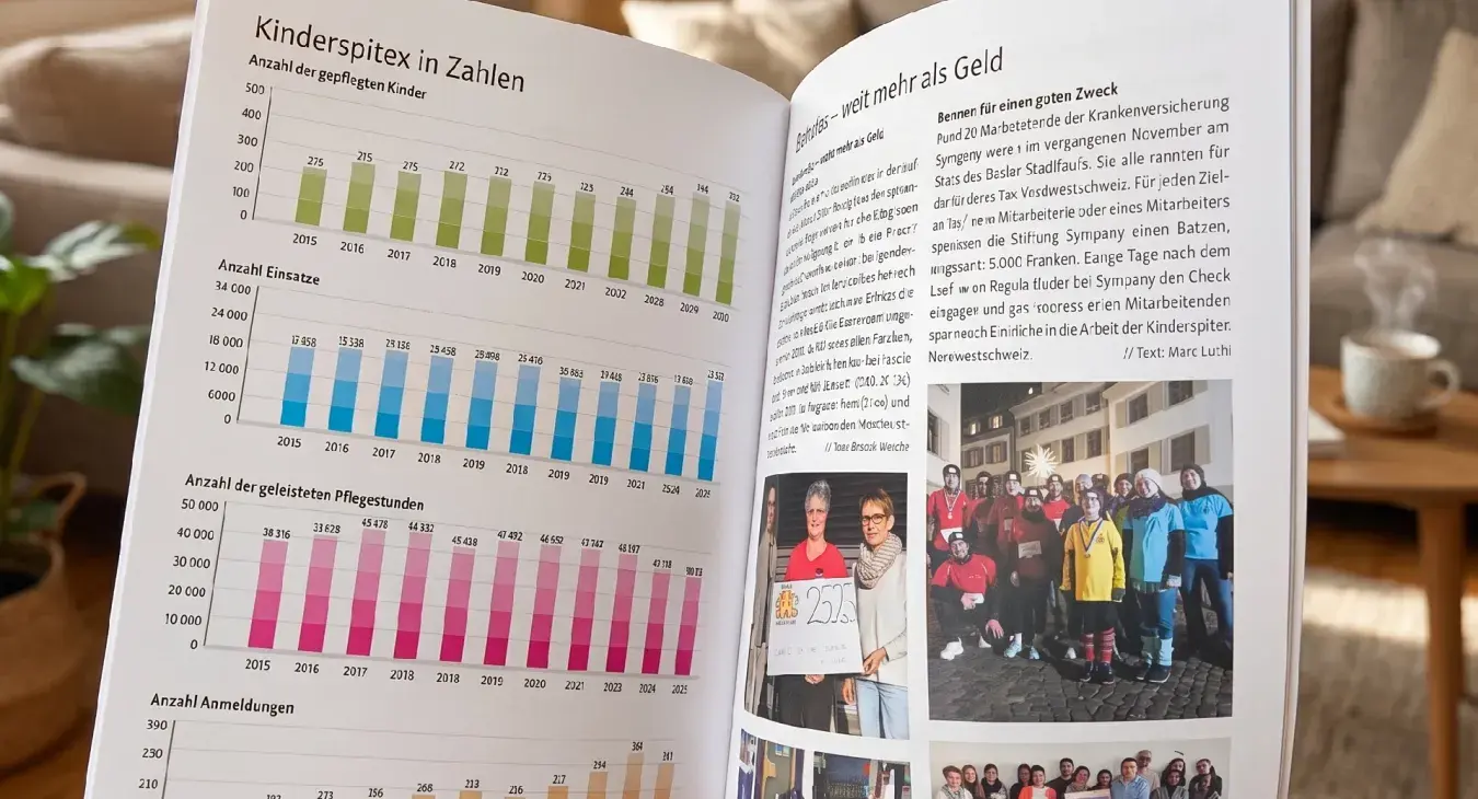 Jahresbericht Kinderspitex Nordwestschweiz 2025, Doppelseite Kinderspitex in Zahlen mit Statistiken